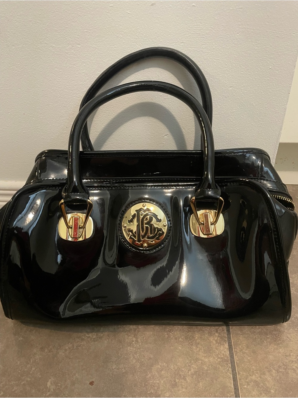Roberto Cavalli Black Patent Satchel with Gold Emblems